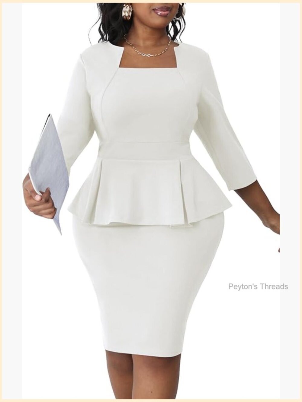 Plus Size Midi Peplum Dress 3/4 Sleeve Sheath Pencil Dress for Work & Church